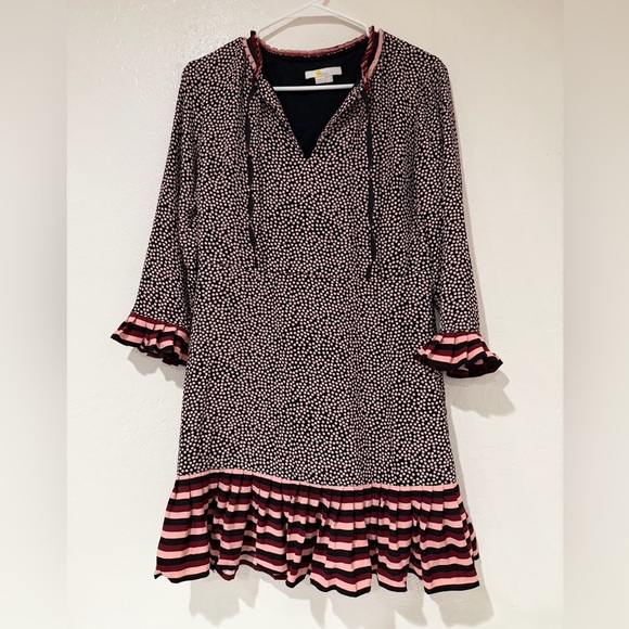 Boden Black and Pink Polka Dots and Striped Ruffle Hem Dress size by 8P - Picture 2 of 6